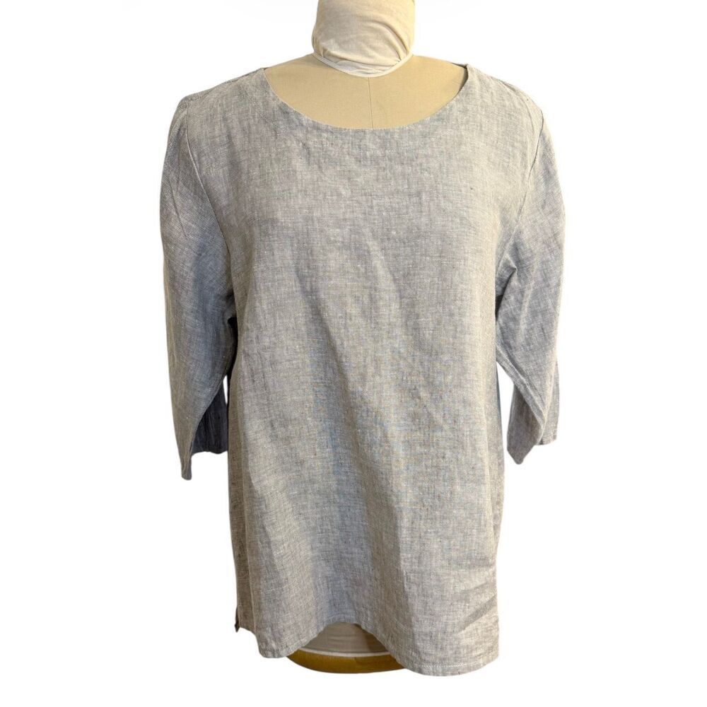 Match Point 100% Linen Flowy Top 3/4Sleeves Large Gray Lightweight Packable